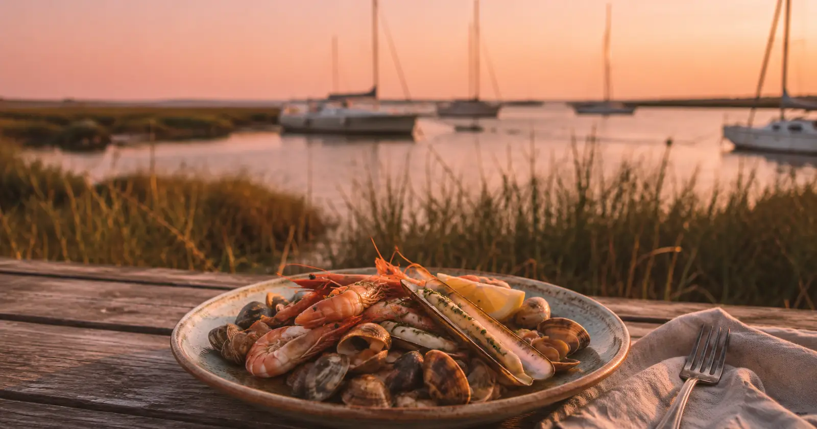 Plato de marisco de Huelva —gambas, coquinas y navajas— frente al puerto del Río Piedras al atardecer