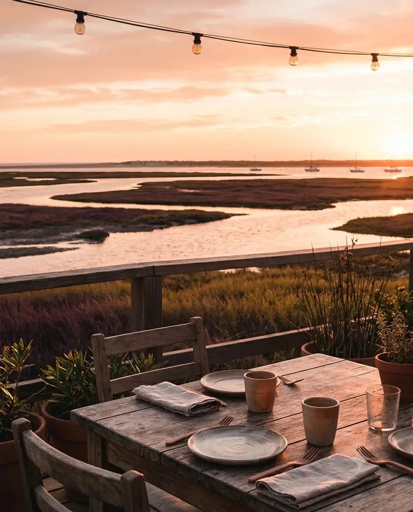 La terraza del restaurante asomada a las marismas del Río Piedras a la hora dorada