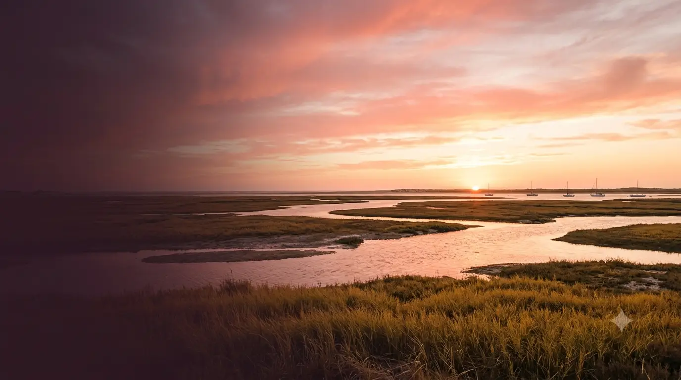 Atardecer sobre las marismas del Río Piedras, en El Rompido, con veleros fondeados al fondo