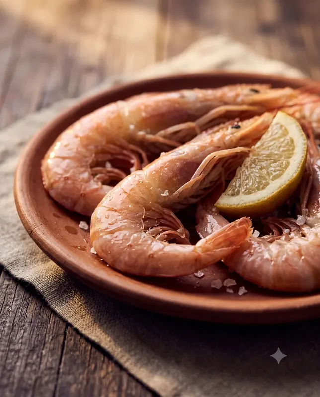 Gamba blanca de Huelva en plato de barro con limón y sal, luz natural